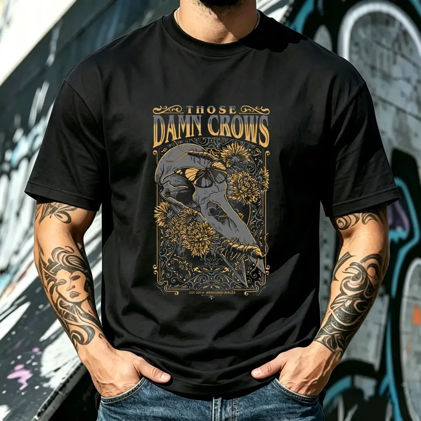 washed T Shirt Those Damn Crows 'Crow Skull' Black All Size S To 5XL TP294 vintage Washed Slightly streetwear Stretched