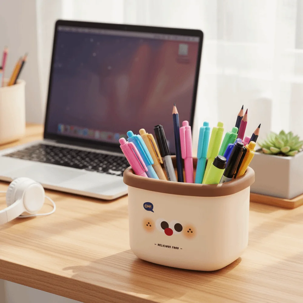 Teenagers Cartoon Design Desktop Trash Can Pen Holder with Lid Storage Bin Student Supplies Mini Covered Bin Desk Organizer