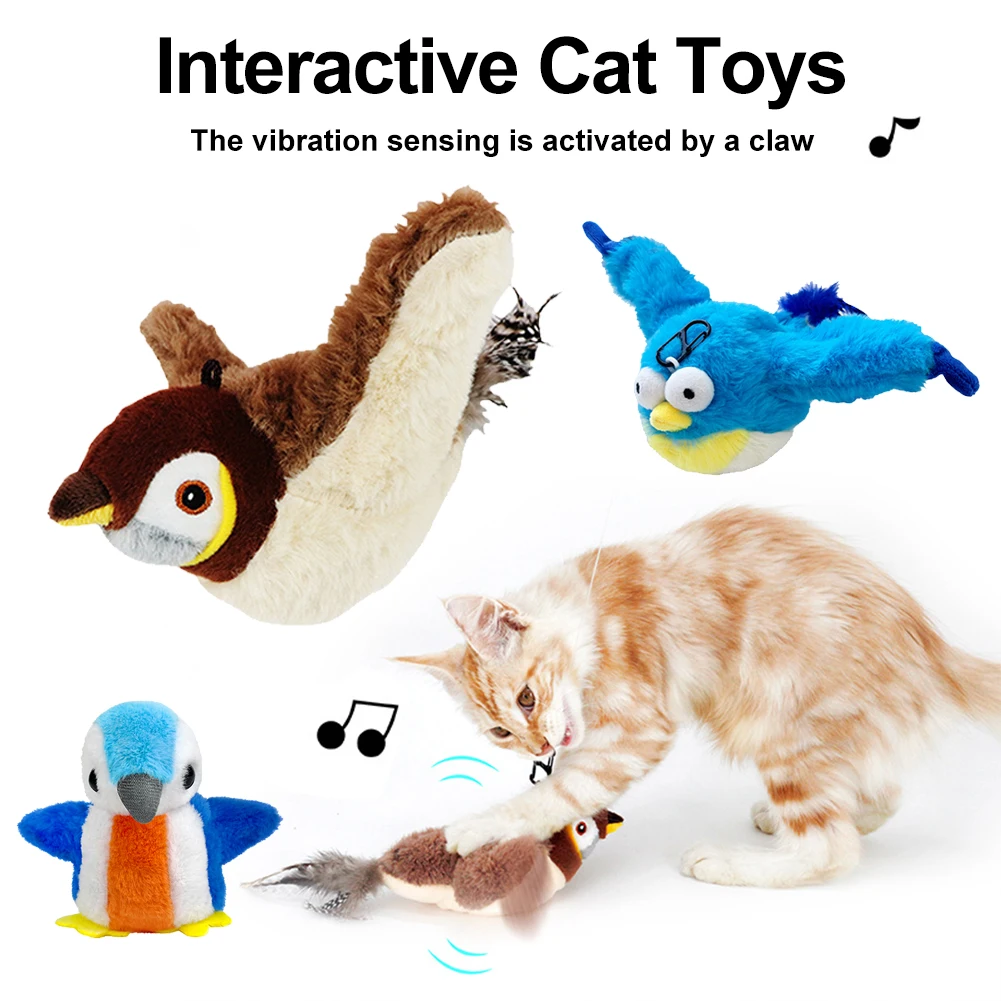 Interactive Cat Toys Flapping Wings(no Flying) Sparrow Catnip Toys Simulated Chirping Bird with Vibration Sensor for Cats