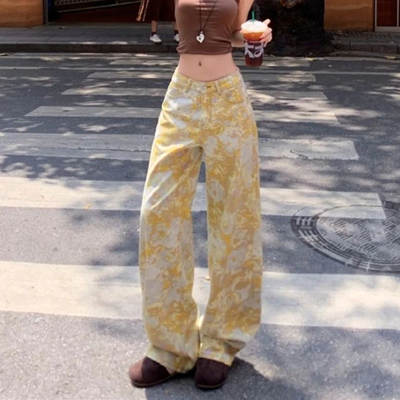 FINEWORDS Causal High Waist Jeans Women Korean Streetwear Easymatch Printed Jeans Vintage Full Length Washed Wide Leg Jeans