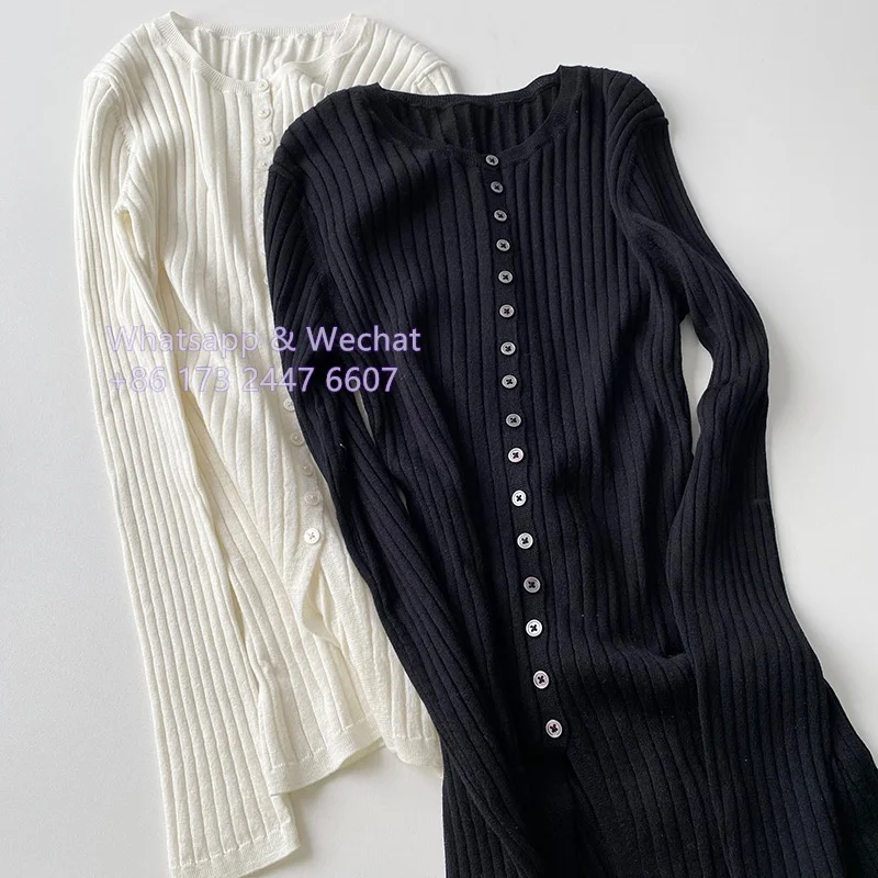 Brand_TOT* 21 spring/summer tops pure wool classic black white women cardigan ribbed Knit front button