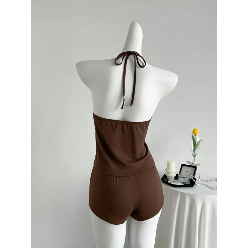 Spicy Girl Retro Fashion Set, Neck Hanging Strap Tank Top, Women's Summer Leaf Design, Niche Two Piece Set