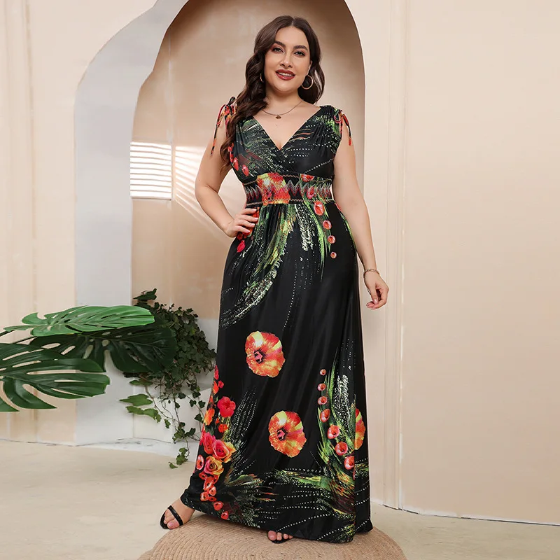 

Large size ice silk printing dress Bohemian plus size V-neck dress high-end temperament elegant classic women's clothing dance