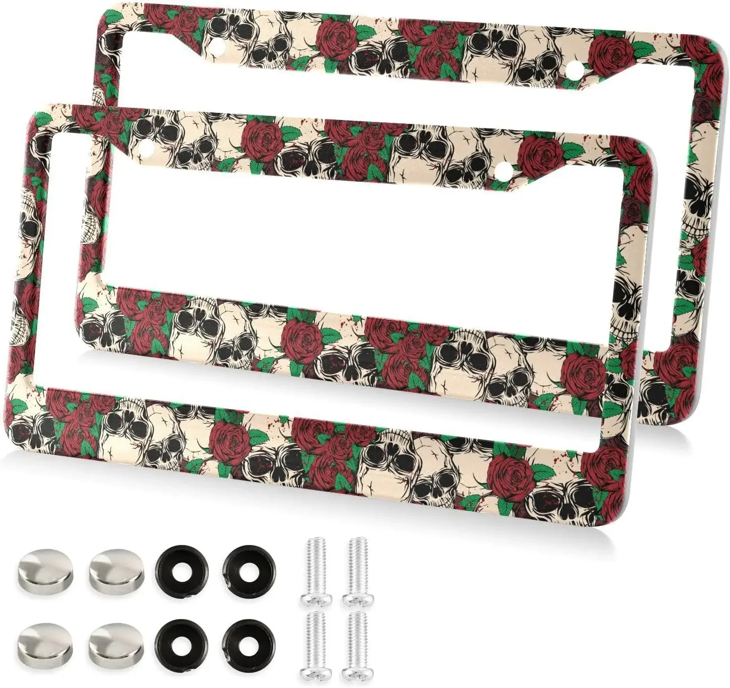 Skull Roses Pattern Car License Plate Frame 2 Pack License Plate Holder with 2 Holes Car Tag Frame for Women Men US Vehicles