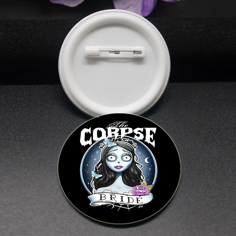 Burton's Corpse Bride Pins Round Cartoon Brooches for Backpack Cothes Accessories Anime Collection Badge Decoration Gifts 58mm
