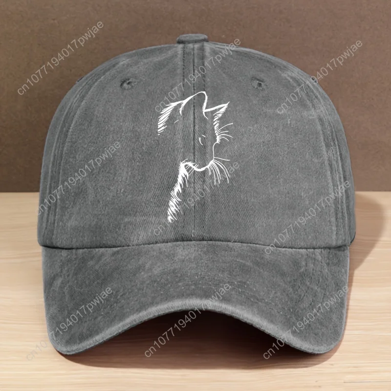 Unisex stylish washed baseball cap with letter cutout cat pattern adjustable trucker hat suitable forcamping fishing.