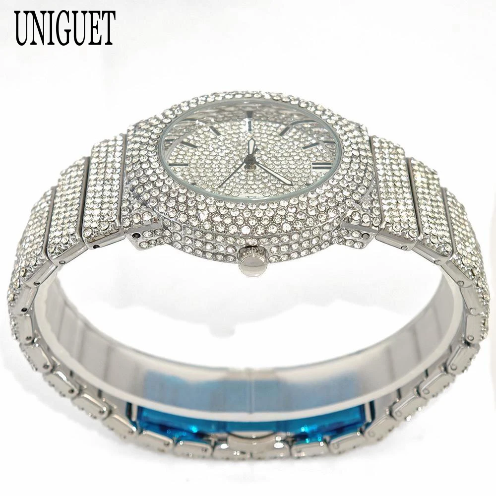 Fashion Brand UNIGUET Iced Watch For Man Luxury Hip Hop Full Diamond Jewelry Waterproof Quartz Business Wrist Watch Man Gifts ﻿