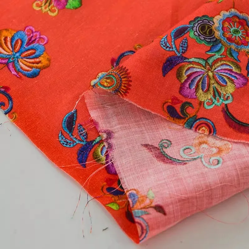 1yard High quality ramie fabric for sewing red Colorful flowers print tissu Customized handmade DIY for dresses clothing fabric