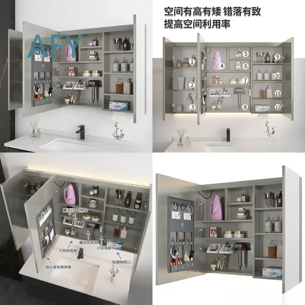 Stainless Steel Mirror Cabinet for Smart Bathroom Mirror Box for Toilet with LED Lighting and Anti-Fog Function