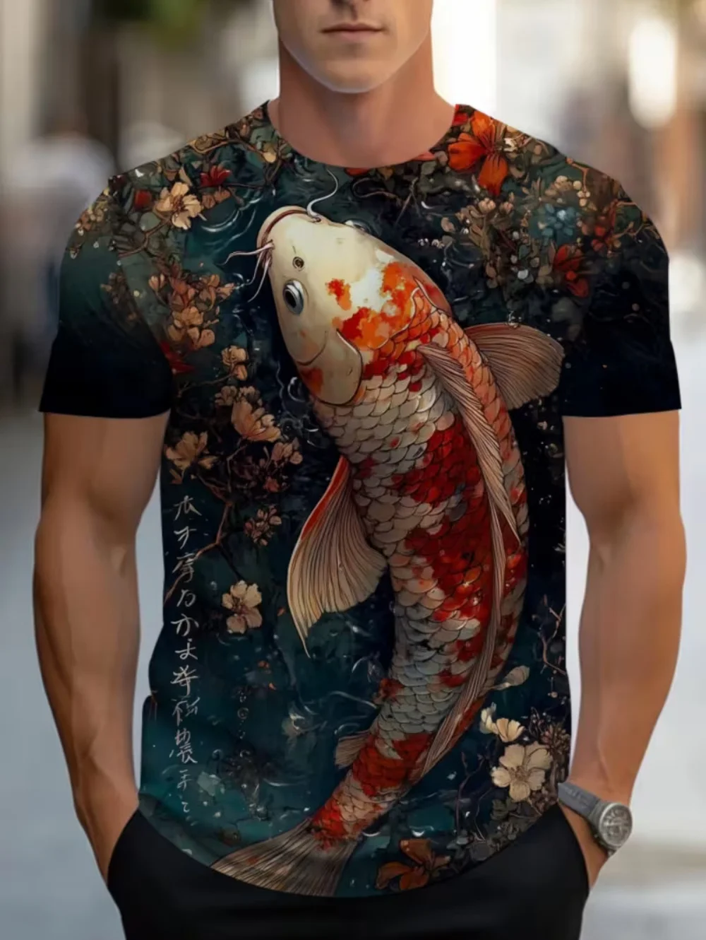 Herren-T-Shirt mit 3D-Druck, Koi-Muster, glückliches Kurzarm-Top, Sommer, Harajuku, lässig, minimalistischer Stil, Neujahrs-Herrenbekleidung – Detail 3