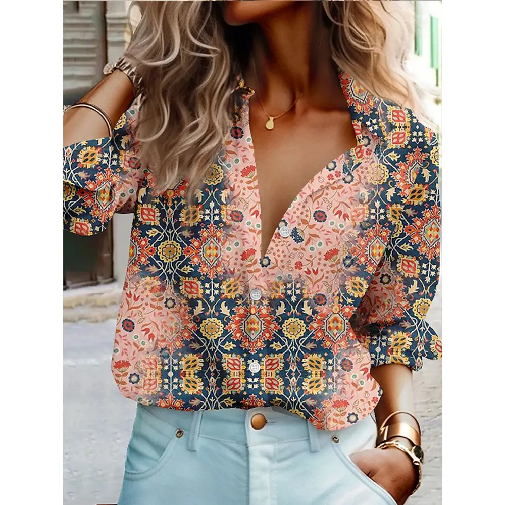 2024 Spring & Autumn Women\'s Basic Shirts 3d Floral Print Lapel Long Sleeve Tops High Quality Single Breasted Shirts For Ladies