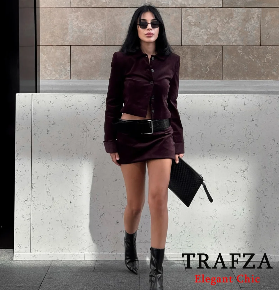 TRAFZA Damenmode Samt-Blazer-Rock-Set, schmale Knöpfe, Blazer + Rock mit niedriger Taille und Gürtel, neues Frühlings-Herbst-Y2K-Vintage-Rock-Set