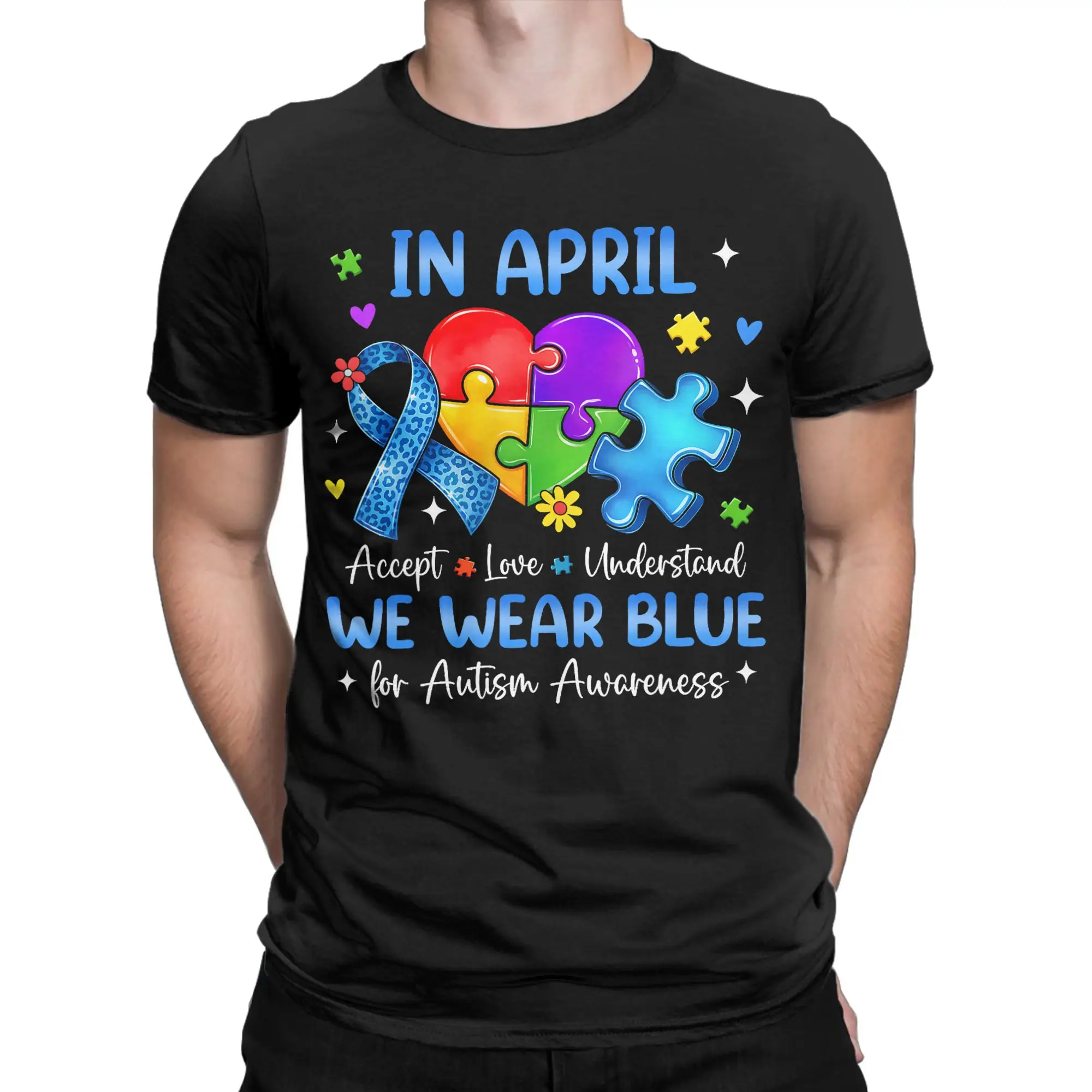 Men April We Wear Blue Autism Awareness T Shirt  Cotton Clothes Novelty Short Sleeve O Neck Tee Shirt 6XL T-Shirts