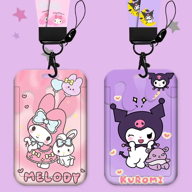 Funda de tarjeta con cordón de dibujos animados Sanrio, funda de tarjeta de identificación kawaii Hello Kitty Kuromi My Melody, autobús y acceso al