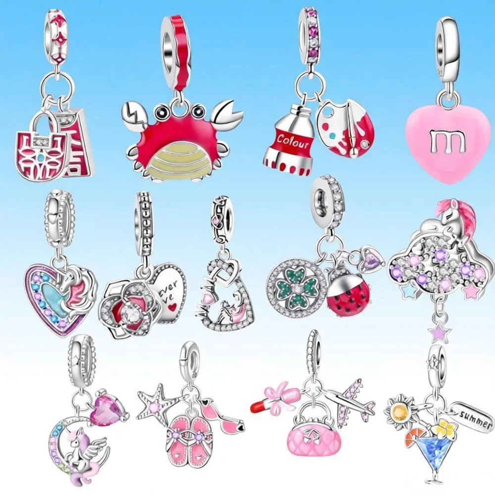 925 Sterling Silber Original Madam Pink Serie Liebesherz-Anhänger DIY Charm Armband Zubehör Damen Tasche Überraschungsgeschenk Schmuck