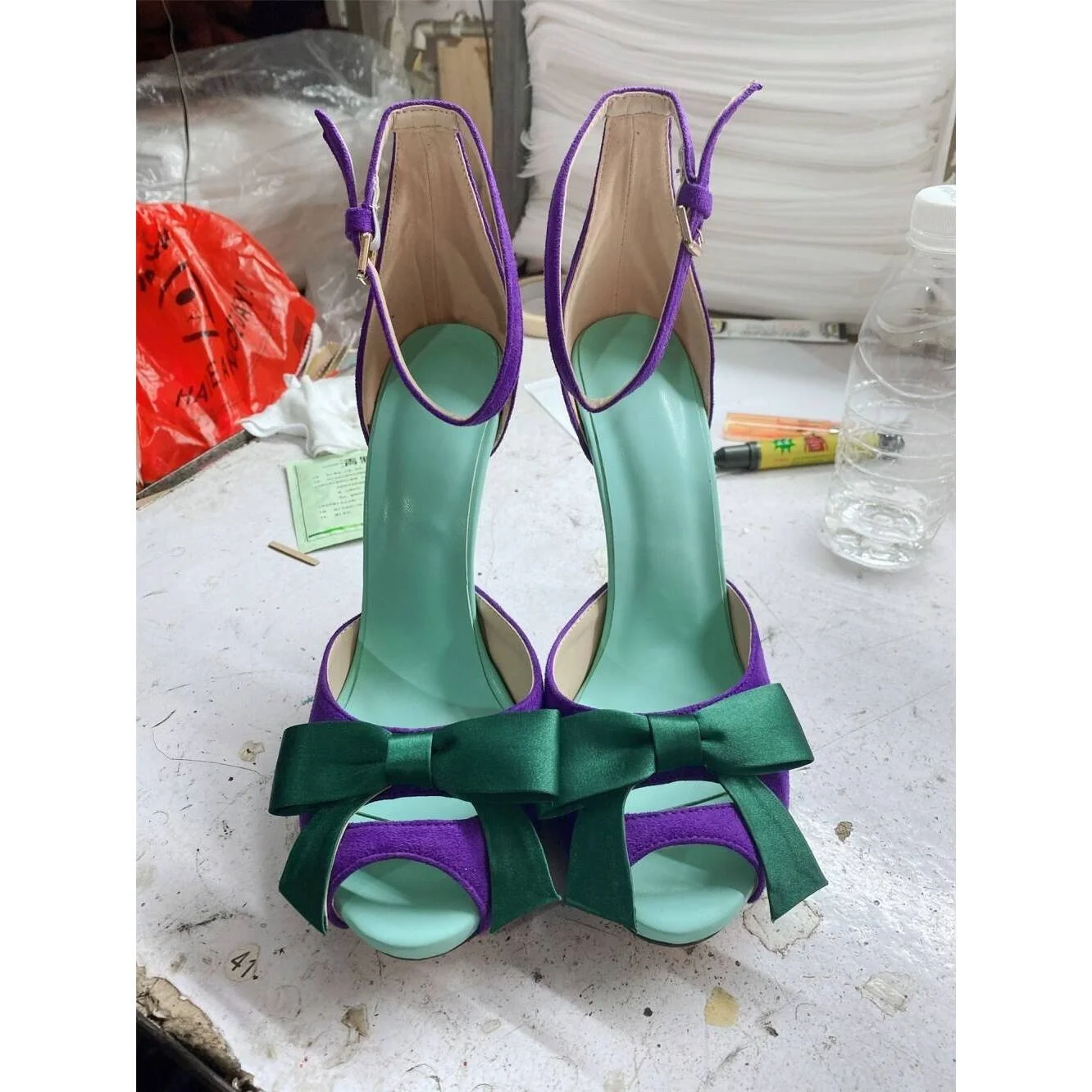 

Faion Ladies Sandals Color Blo Knots Thin Heel Women oes Large Size Leatherette Fi Mouth Rubber Bot Spring Season