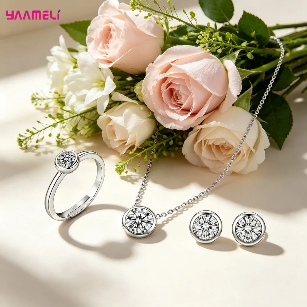 100% Reines S925 Silber Runde Kubische Zirkonia Anhänger Halskette Ohrringe Ring Schmucksets für Damen Hochzeit Verlobung – Detail 2