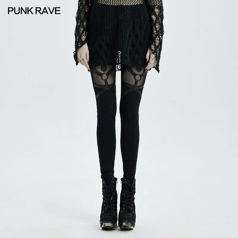 PUNK RAVE Women Gothic Cross Mesh Leggings Black Faux Leather Patchwork Slim Fit Pants WK474