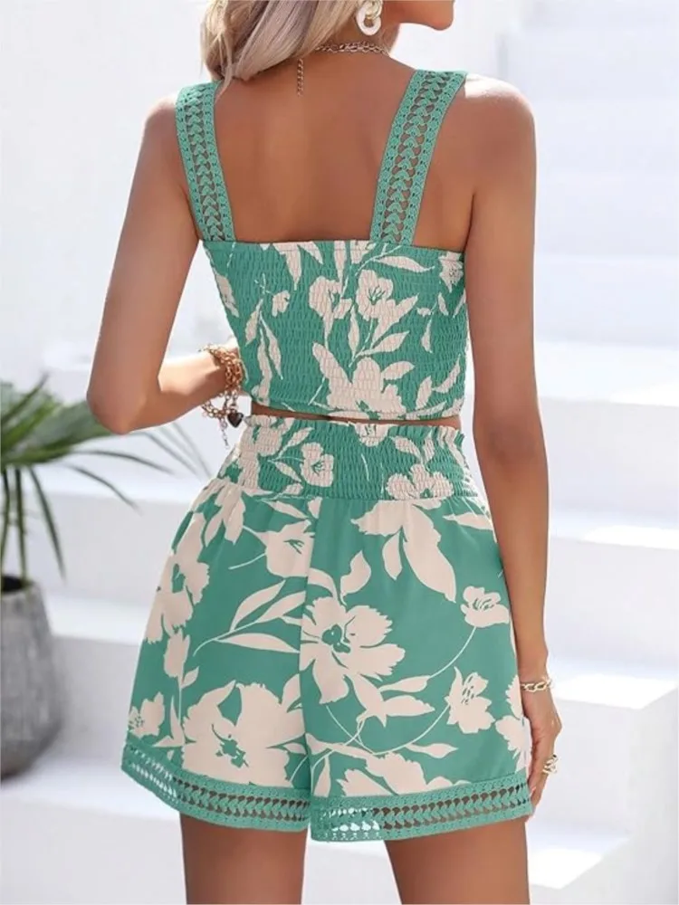 Lace Edge Patchwork Camisole Shorts Two-piece Set Summer Women Printed Fashionable Casual Off Shoulder Slim Fit Vest Shorts Set