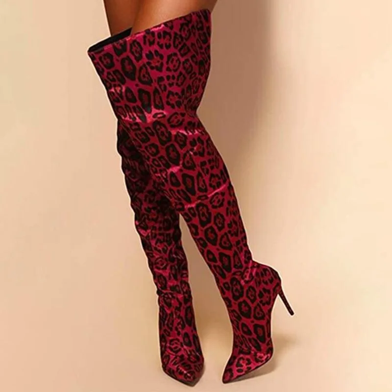 

Wide Calf Patchwork Plus Size Winer Tall Boots Red Leopard Print Pointed Toe Stiletto Heel Over-the-knee Boots
