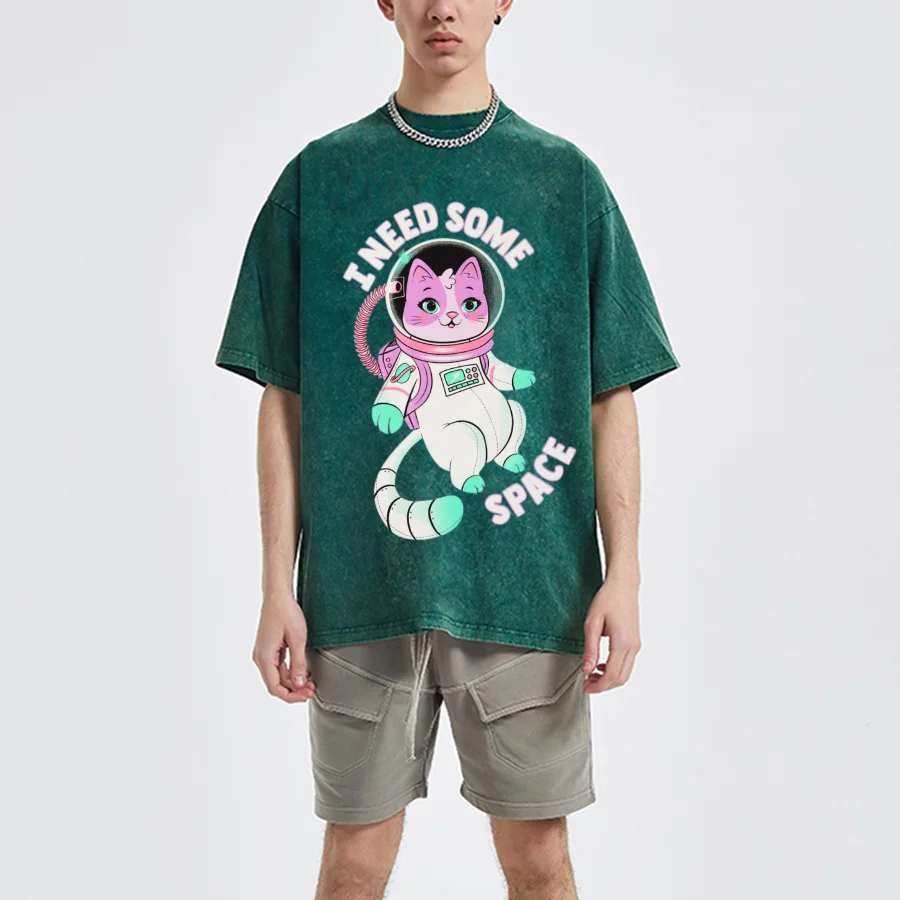 

Cartoon Space Cat Print Women T-Shirt Loose Wash Oversized Short Sleeve Cute Teen Casual Teen Street Top Vintage