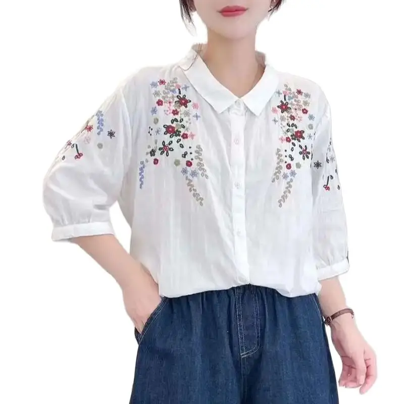 New Summer Cotton Half Sleeve Shirts Lapel Floral Embroidery Tops Mori Girl Retro Casual Loose Blouses 2024 Autumn T46973QM