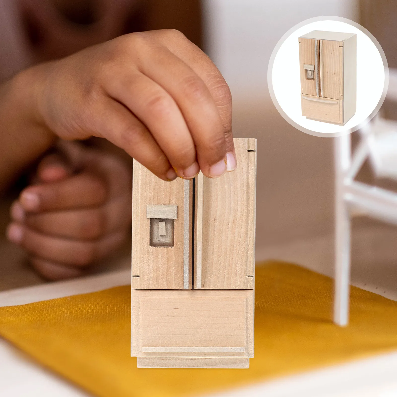 

Миниатюрный деревянный холодильник без покраски, мебель для декора дома, маленький мини-холодильник-морозильник, мини-охладитель для аксессуаров кукольного домика