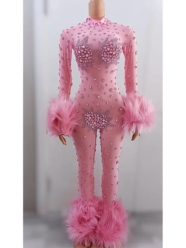 

High Quality Rhinestone Plush Spliced Elastic Jumpsuit 2024 New Fashion Custom Women'S Clothing