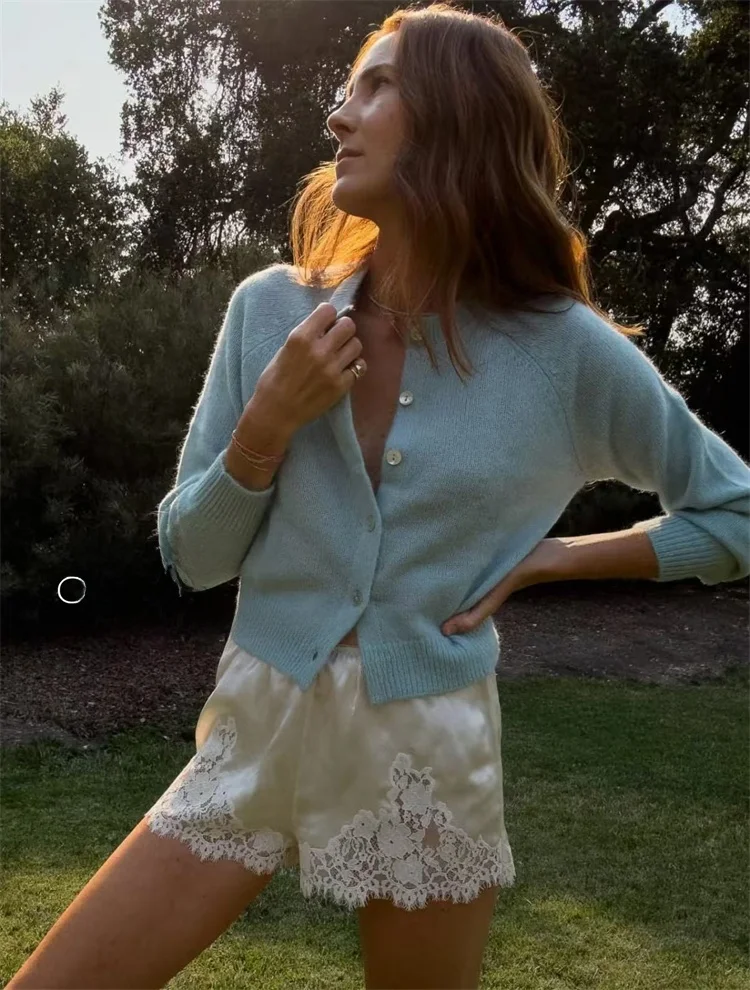 

Susan Faion Loose Blue Wool Blend Knitted Sweater Women's Top French Sle V-Ne Long Sve Open Cardigan for Autumn Winter