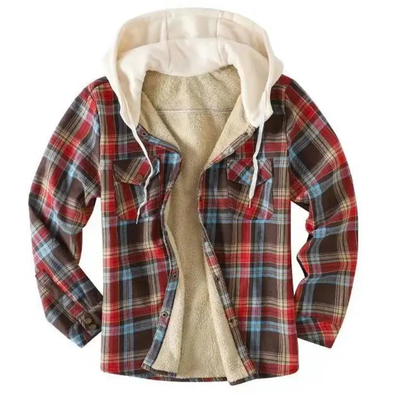 

2025 Autumn and winter men's fashion trend hooded shirt with outdoor striped color blocking design and thick velvet loose shirt