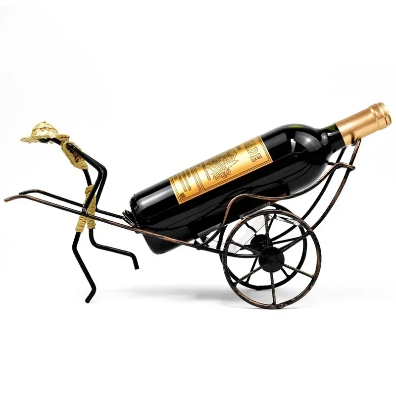 Chinese Style Retro Wrought Iron Wine Rack Gift Ideas Rickshaw  Bottle and Glass Holder Bar Home Decoration