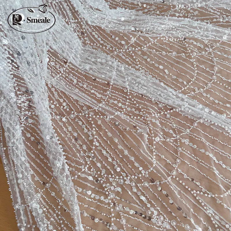 Bridal Lace Fabric Stripes, Luxury Beaded Sequin Wedding Dress, Advanced Custom-made Sewing Fabric, RS4161