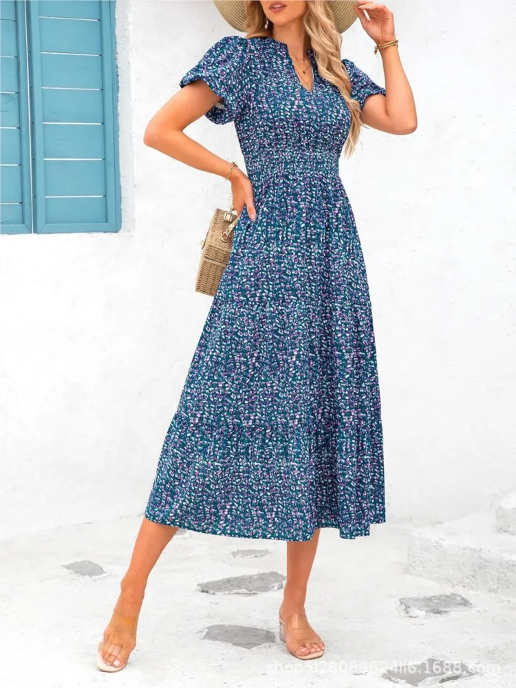 

Color Dots Print Long Dresses Women V-neck Puff Short Sleeves Folds A-line Dress Fashion Casual Lady Commuting Clothing Vestidos