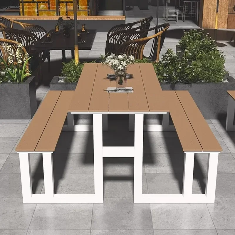 Outdoor Plastic Wood Preservative One Piece Table and Chair Set for Courtyard Park Scenic Spot Canteen Supermarket Food