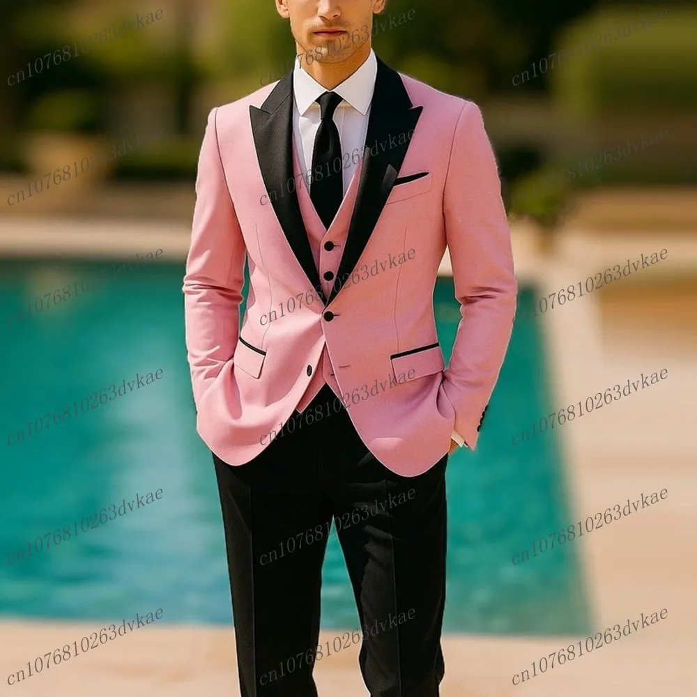 

New Pink And Black Men Suit Wedding Party Formal Groom Groomsman Prom Business Male Tuxedos 3 Piece Set Jacket Vest Pants
