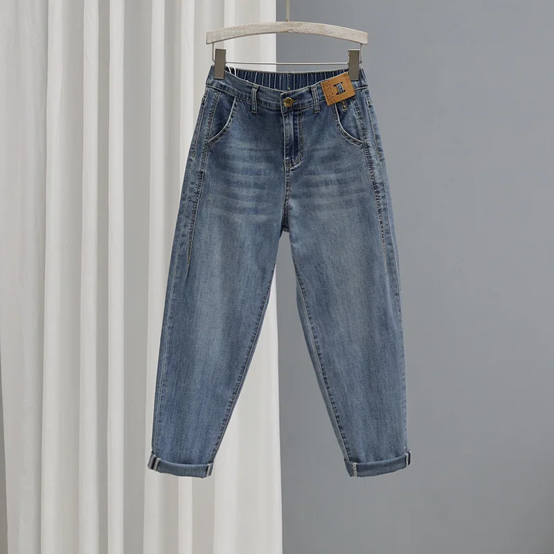 

New 2025 Women's Loose Fit High Waist Denim orts Elastic Waist Straight Leg Jeans European Sle Summer Versatile Harem Pants