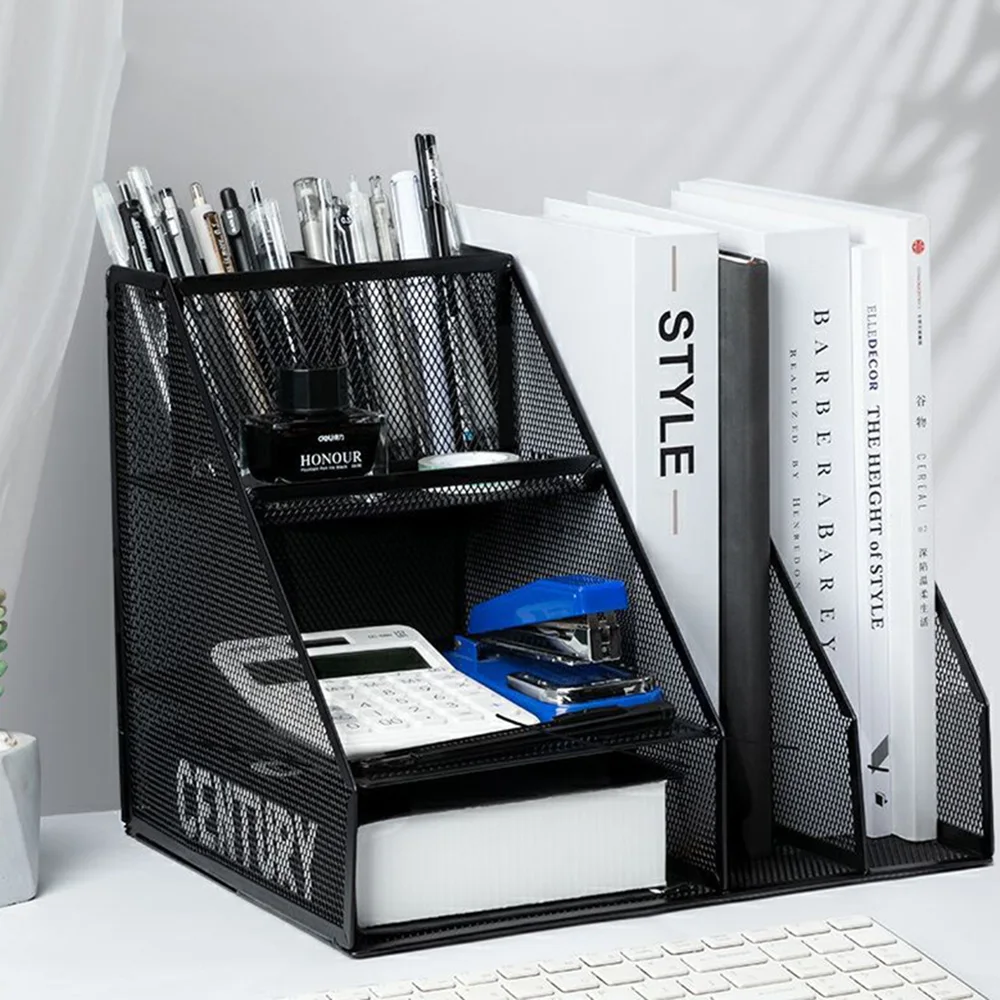 

3-Tier Mesh Desk Organizer with File Trays File Holder 2 Pen Holders Office Workspace Accessories