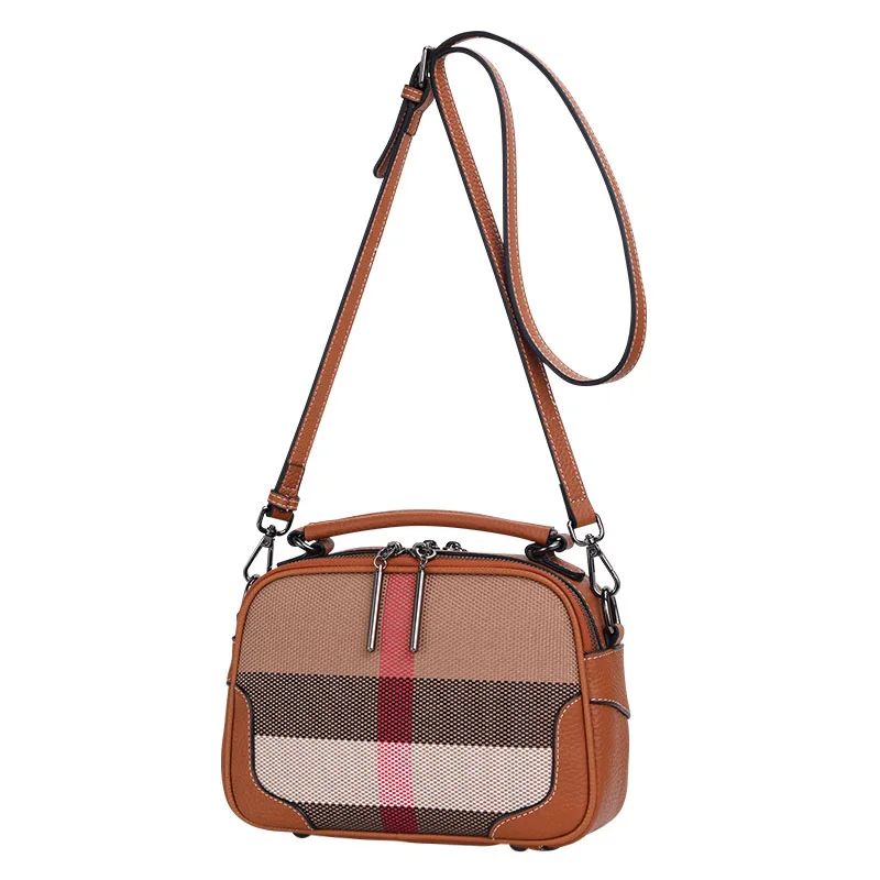 Fashion Ladies Crossbody Bag Classic Plaid Canvas With Genuine Leather Luxury Shoulder Bag Women\'s Casual Messenger Bag