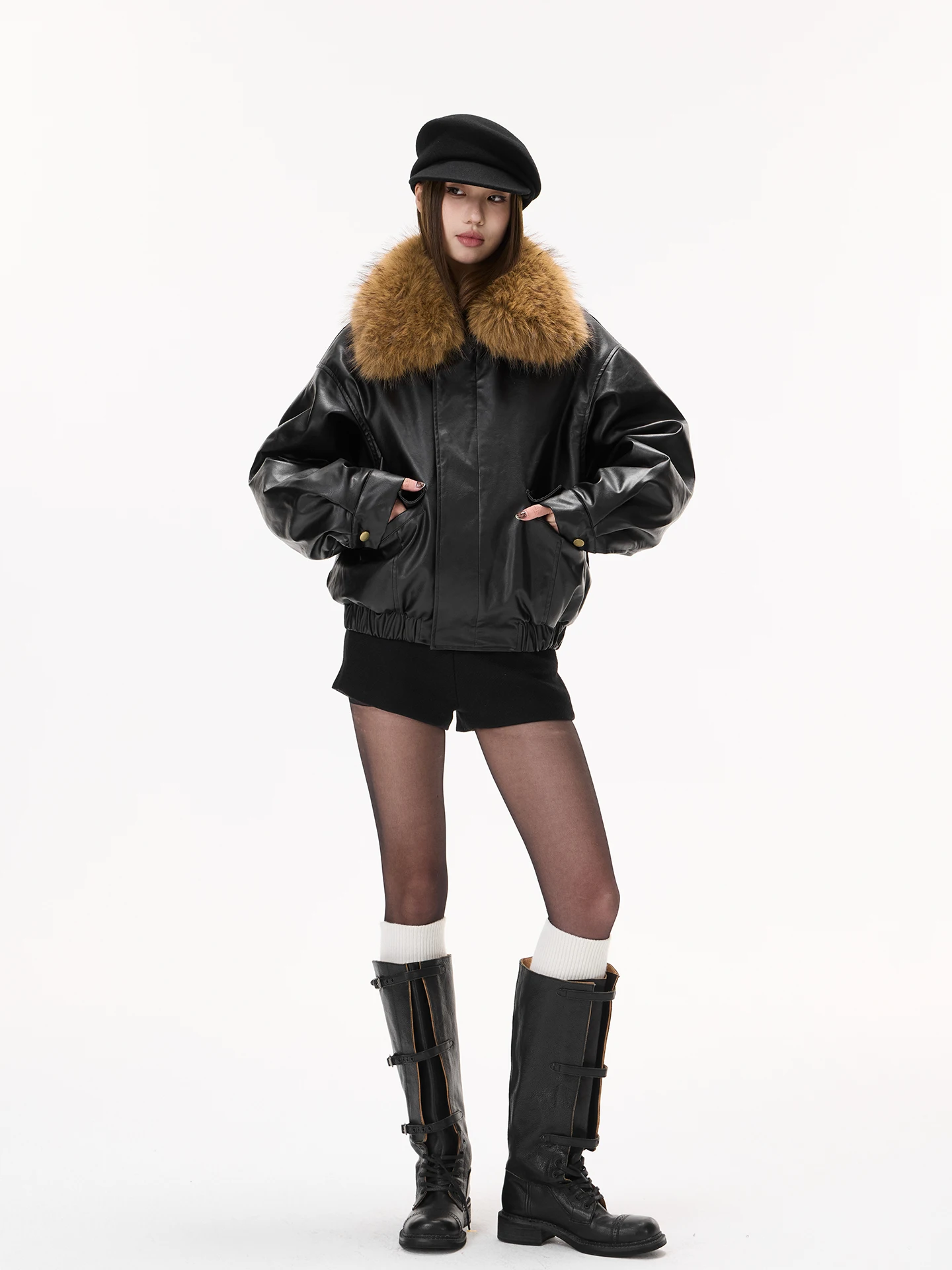 เสื้อโค้ทกันหนาว IceFront รุ่นใหม่สำหรับผู้หญิง ทำจากหนัง PU พร้อมปกขนเทียม แขนยาว ซิป  ลำลอง สไตล์แจ็คเก็ต