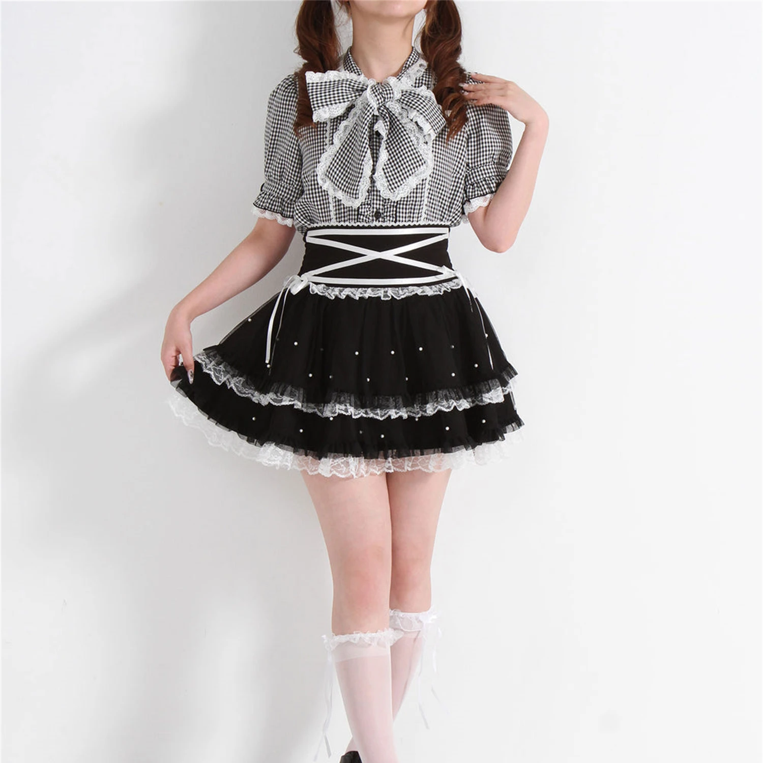 Saias japonesas estilo mina produzidas em massa, renda, patchwork, frisado, cintura alta, arco, linha a, doce, fofo, versátil, lolita, saia feminina