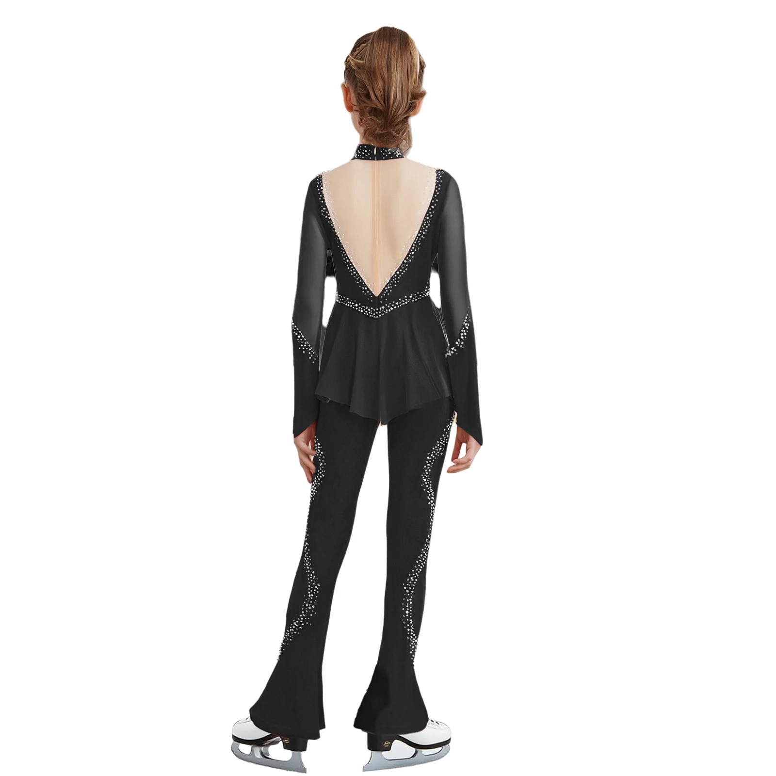 여자 피겨 스케이팅 공연 의상 긴 소매 라인스톤 메쉬 점프수트 발레 체조 무대 의상
