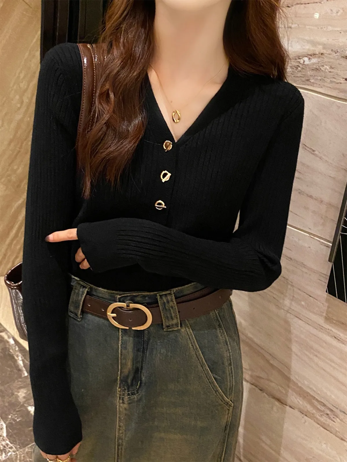 Lente Herfst V-hals Slanke Gebreide Shirt Vrouwen Trui Tops Vrouwelijke Lange Mouw Elastisch Gebreide Dieptepunt Shirts Truien