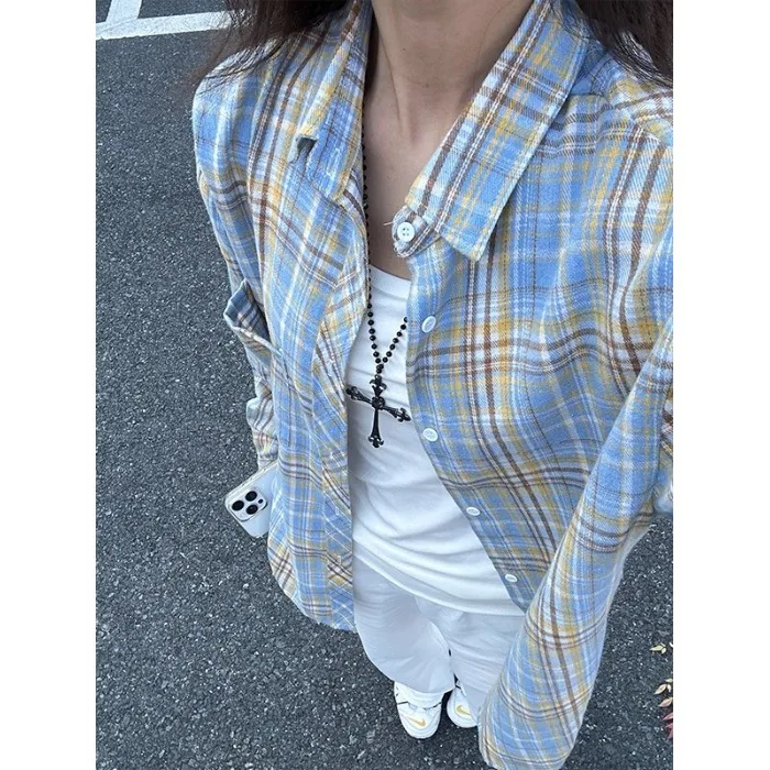 

Blue And Yellow Plaid Long Sve irt Couple Outerwear Loose Fit Cotton Polyester Blend Wear Resistant Winter Faion irt