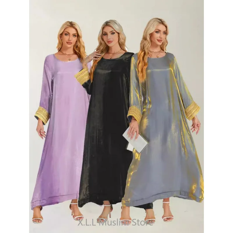 Shiny Muslim Dresses Fashion Modest Long Loose Abaya Dubai Turkey Kaftan Islamic Robe Clothes Women\'s Prayer Garment For Party