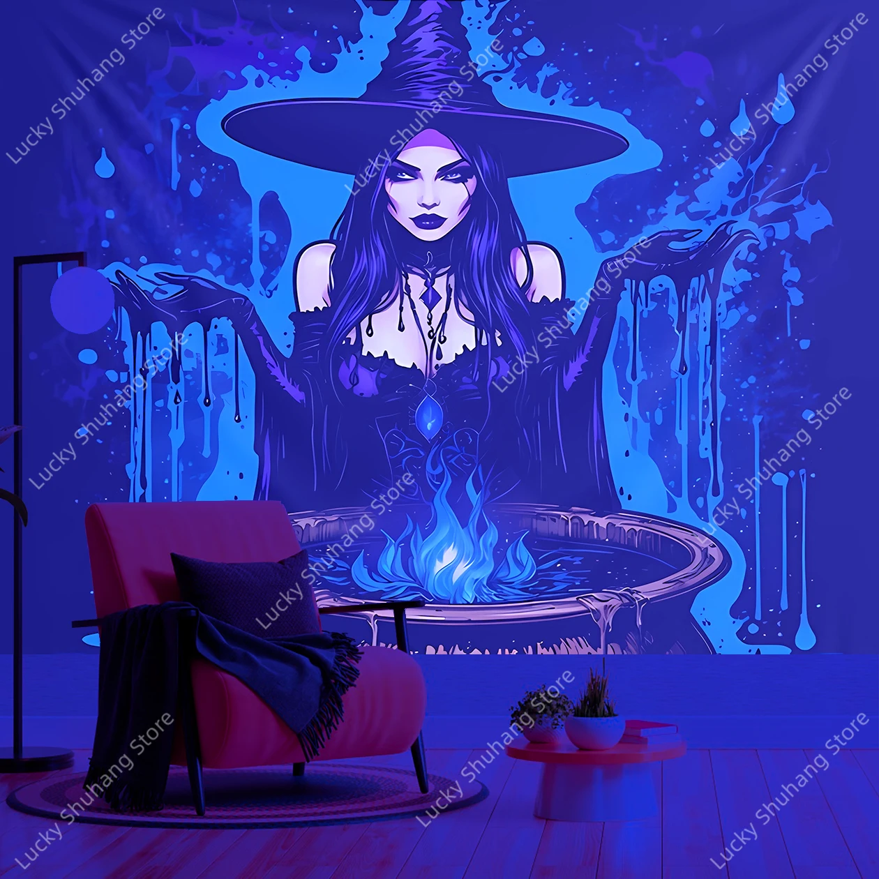 

Mystical Witch Cauldron Magic Gothic Wall UV Tapestry Halloween Decor Dark Purple Art Witchcraft Theme Home Dormitory Hanging