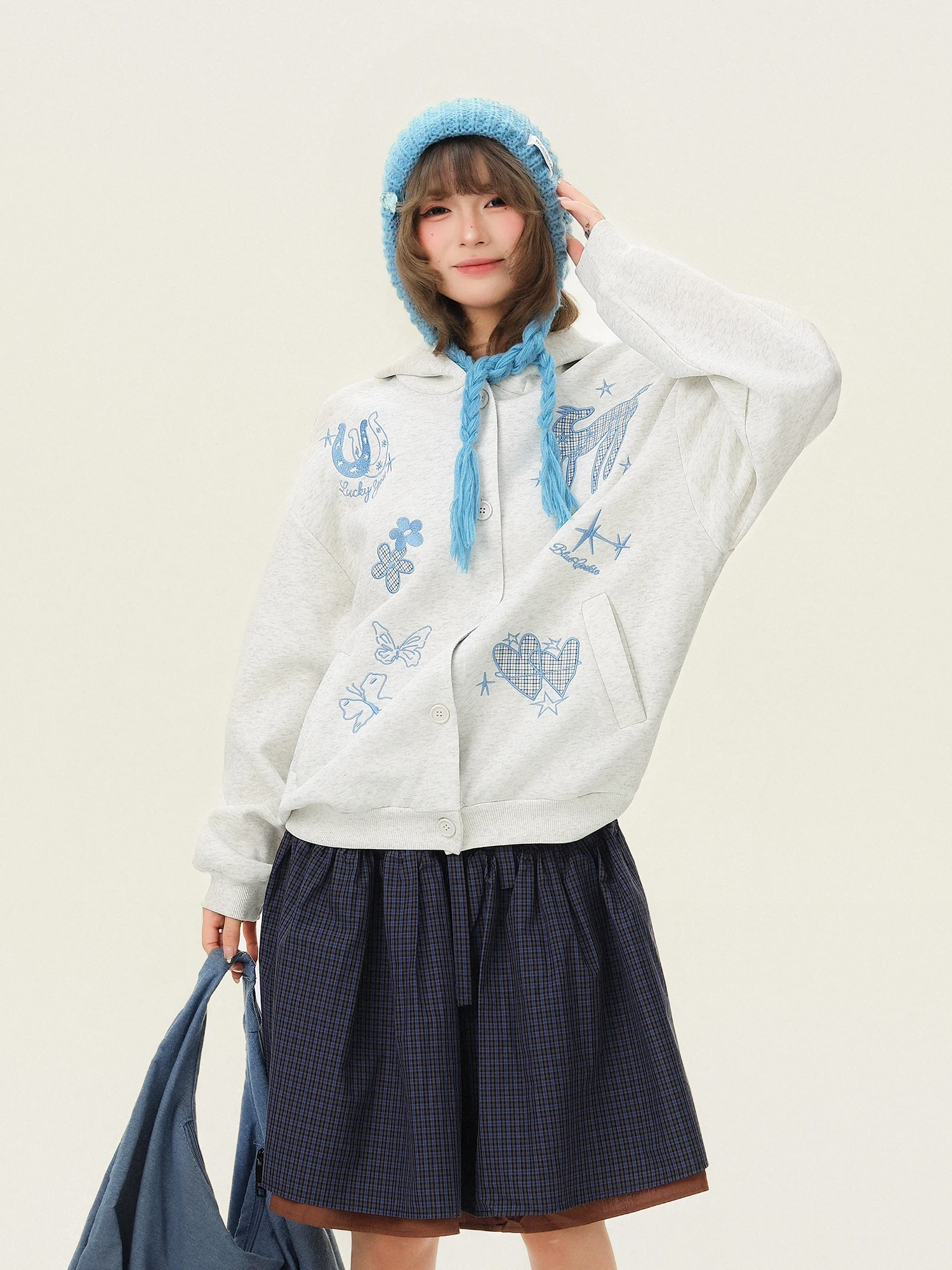 Early Spring Light Colored Sweet Plaid Embroidery Hoodie Women's Casual Loose Cardigan Outerwear PU Cookie Style Polyester - view 4