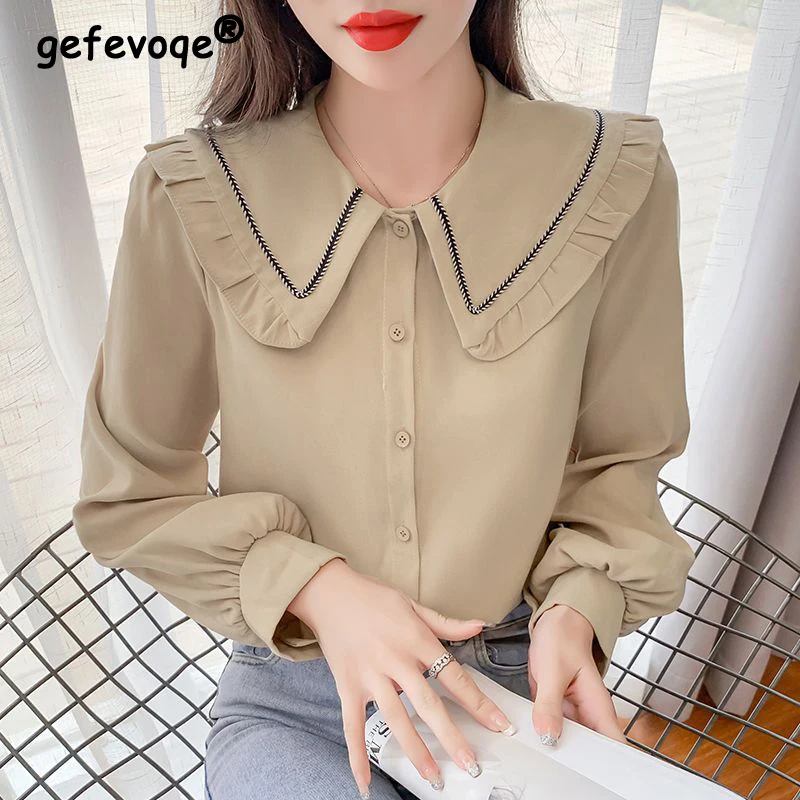 

2023 Autumn Women Korean Fashion Elegant Button Shirts Sweet Ruffled Peter Pan Collar Solid Blouses Long Sleeve Chic Tops Blusa