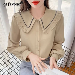 2023 Autumn Women Korean Fashion Elegant Button Shirts Sweet Ruffled Peter Pan Collar Solid Blouses Long Sleeve Chic Tops Blusa