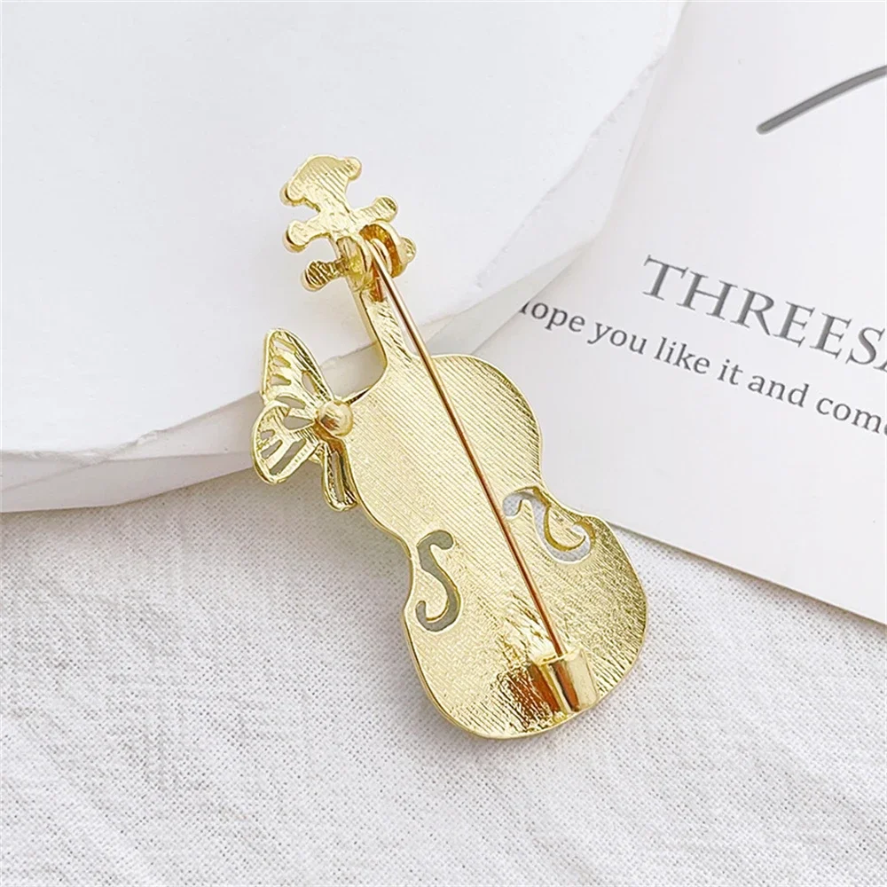 Creative Violin Shaped Brooches Faux Pearl Rhinestone Metal Butterfly Pins Overcoat Decor Jewelry Accessories Birthday Gifts - view 6