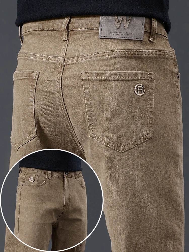 

Осенние прямые эластичные джинсы, мужские модные толстые удобные брюки с вышивкой и карманами, деловые повседневные джинсовые брюки